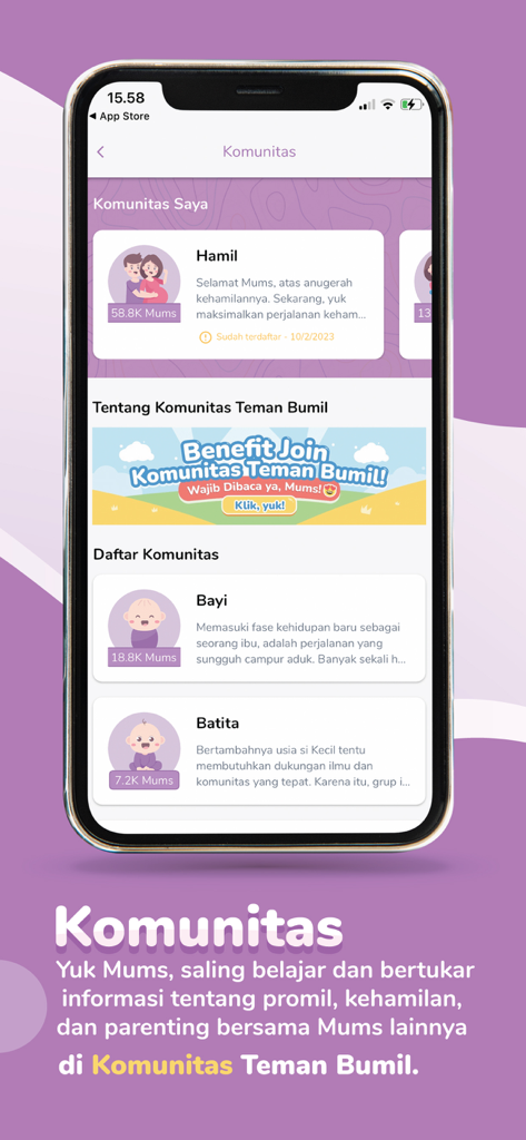 Community screen in Teman Bumil app displaying pregnancy and baby support groups