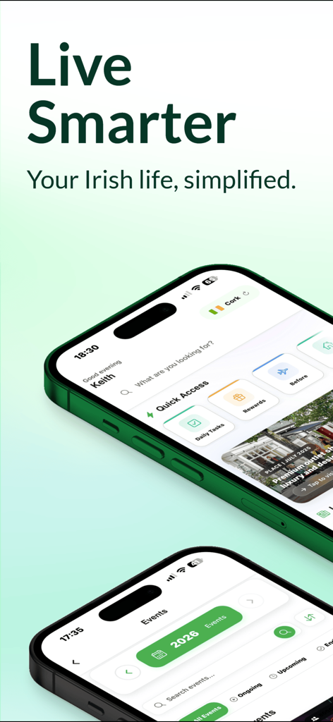 Dos smartphones mostrando la interfaz de la aplicación Infofinder Ireland con el texto Vive más inteligentemente Tu vida irlandesa simplificada