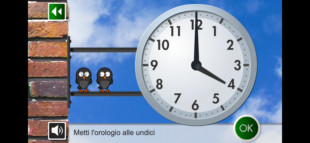 Interactive analog clock game screen for children learning to tell time in Italian