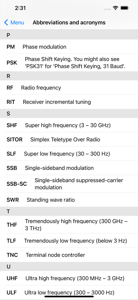 Radio Reference - Uma lista de abreviações e acrônimos comuns de comunicação de rádio no aplicativo Radio Reference.