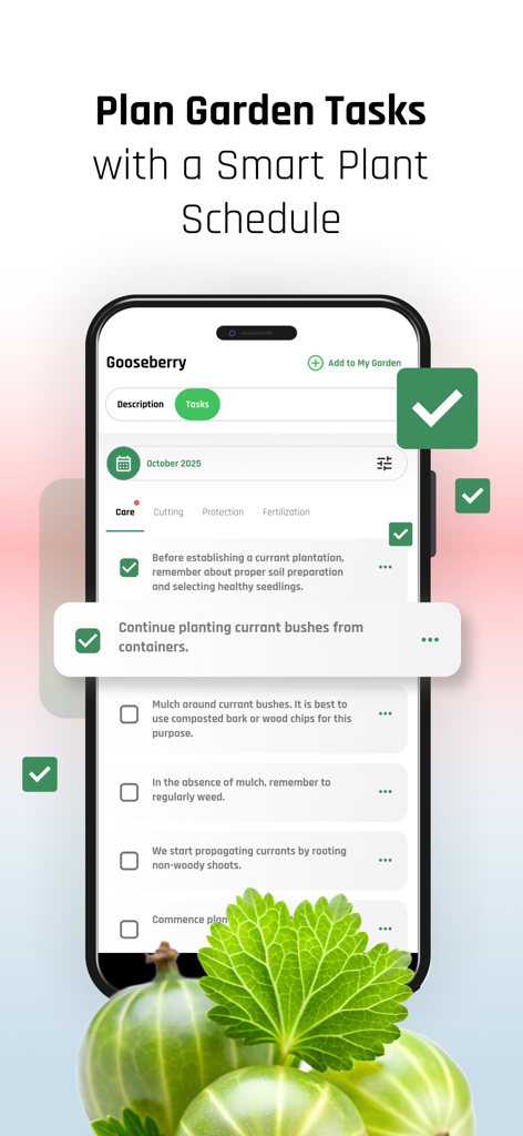 PLANTIS - Plants care - Plantis 앱에서 정원 작업 체크리스트와 스마트 식물 관리 일정을 표시하는 스마트폰 화면.