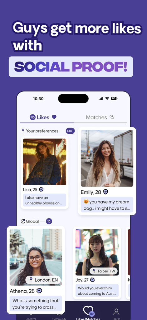Hulah — Dating app - Hulah dating app interface showing user profiles and social proof message for men
