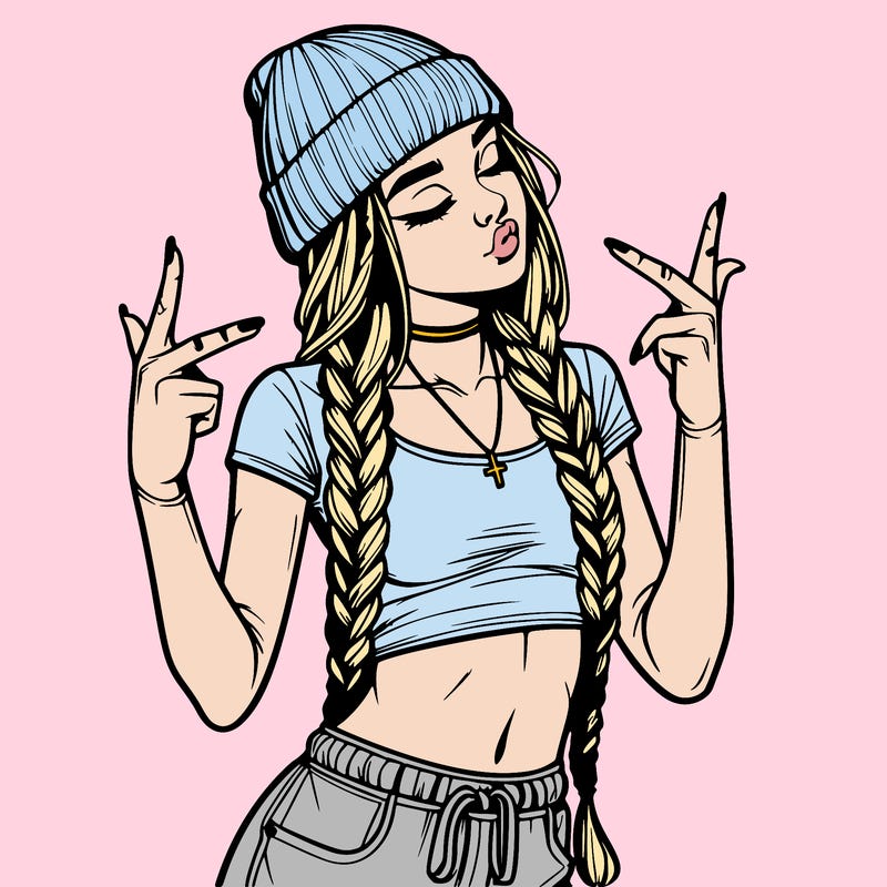 realistic teenage girl with braids and a beanie and crop top doing 🫶🏼