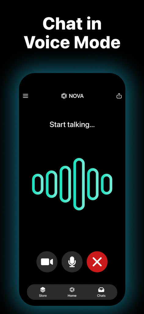 Interfaz del Nova AI chatbot que muestra el modo de interacción por voz con una pantalla de forma de onda digital.