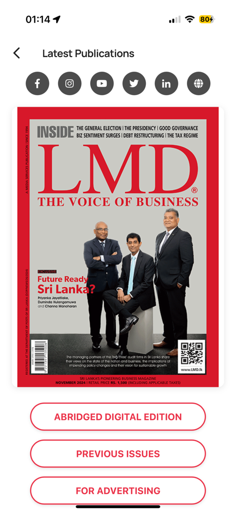 LMDi - LMDi app screen showing the latest business magazine publications from Sri Lanka with options for digital editions and previous issues.