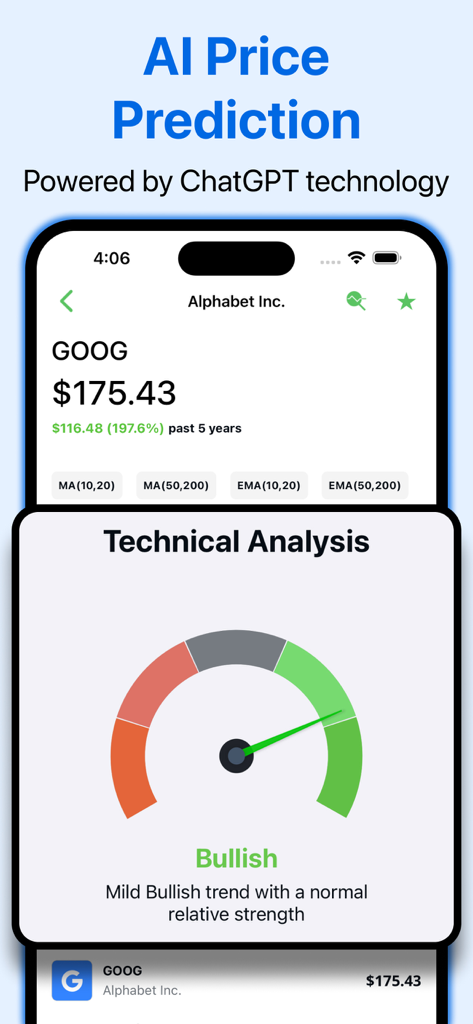 Stock Scanner Screener AI - Aplicación Stock Scanner Screener AI mostrando el precio de las acciones de Alphabet Inc y un indicador de análisis técnico alcista impulsado por IA
