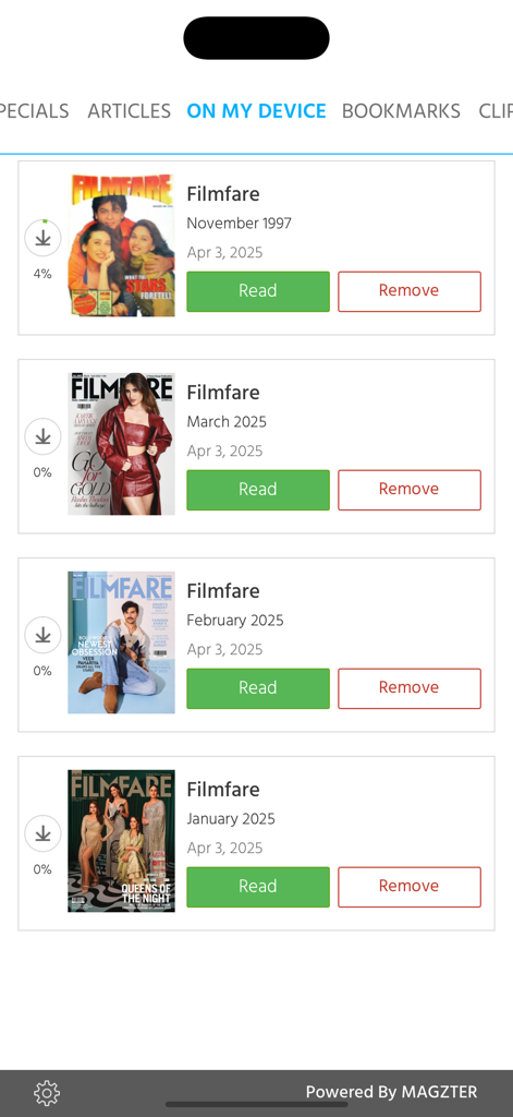 Filmfare Magazine - A list of downloaded Filmfare magazine issues on the mobile app screen for offline reading