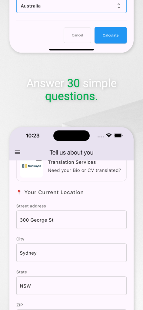 CitizenHR: Croatia Citizenship - Eine mobile Benutzeroberfläche von CitizenHR, die einen Fragebogen und Adressfelder zur Bewertung der kroatischen Staatsbürgerschaft zeigt