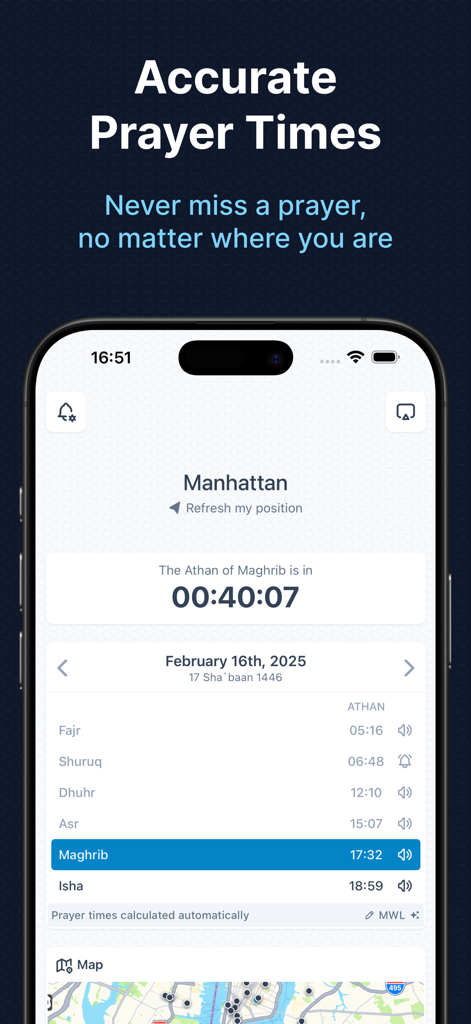 Masjidbox One - Masjidbox One app interface showing daily prayer times for Manhattan and a countdown to the next Athan.