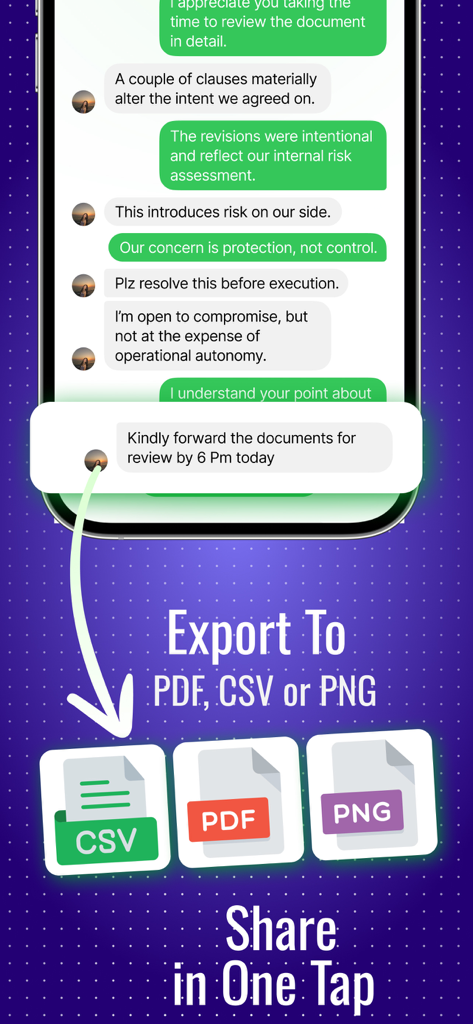 Texporterアプリのインターフェースに、チャット会話をPDF、CSV、PNG形式にエクスポートするオプションが表示されている