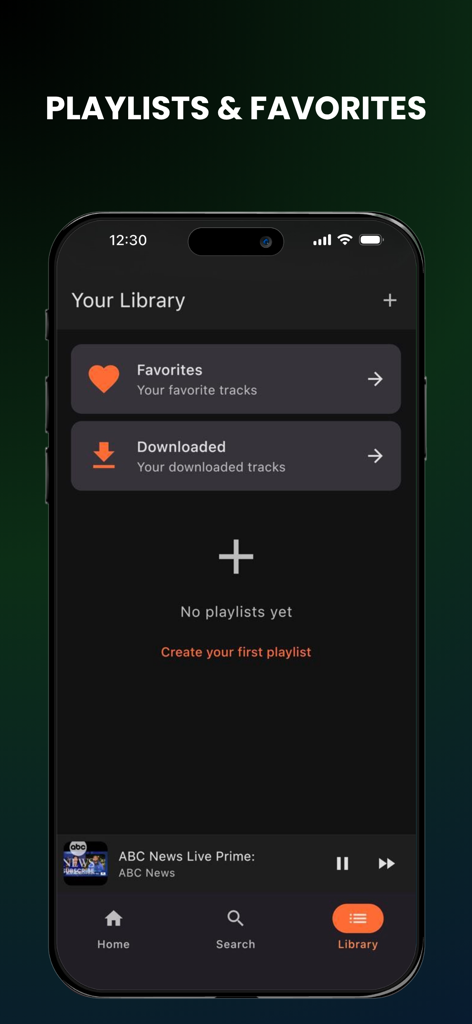 Interface da biblioteca do aplicativo FreePlay mostrando favoritos e vídeos baixados