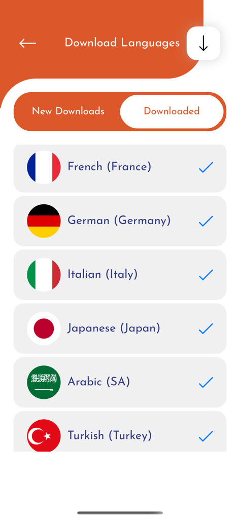 translator | مترجم اللغات - Ein Bildschirm, der eine Liste heruntergeladener Sprachen für die Offline-Übersetzung anzeigt, einschließlich Arabisch, Französisch und Deutsch