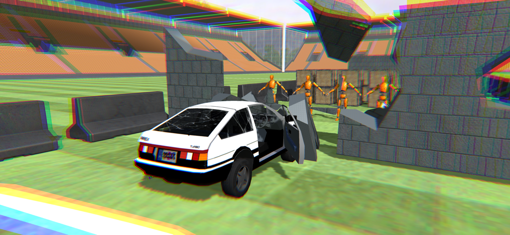 Car Crash Simulator Sandbox 3D - White car crashing into a stone wall in a sandbox simulation with test dummies.