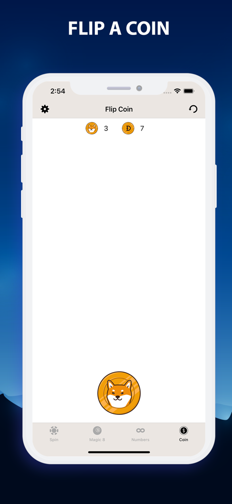 Yes or No Decision Maker Wheel - Pantalla móvil que muestra la función lanzar moneda con una moneda virtual temática de shiba inu