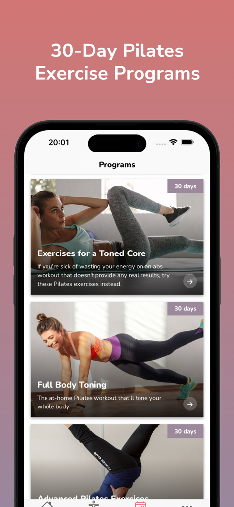 Pilates - Daily Workout - Pantalla de la aplicación de Pilates que muestra programas de ejercicios de 30 días para tonificación central y de cuerpo completo