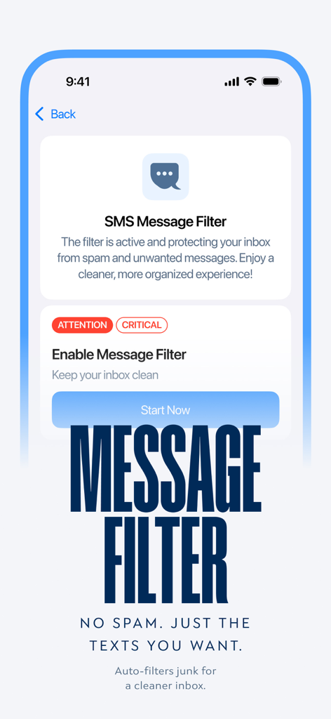 Interface de l'application mobile Secura montrant la fonction de filtre de messages SMS pour bloquer les SMS indésirables et le spam