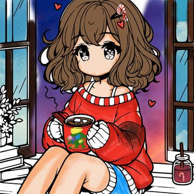 cute anime girl reading book and drinking hot chocolate from mug with loose wavy hair wearing a baggy sweatshirt and shorts sitting by windowsill looking out