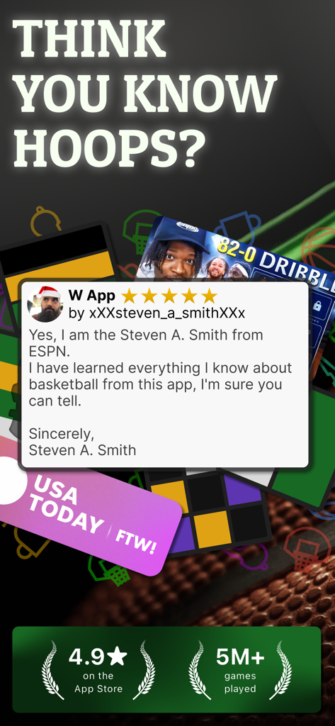 Dribble Game Basketball Trivia promotional screen showing a 4.9 star rating and a humorous fan review.