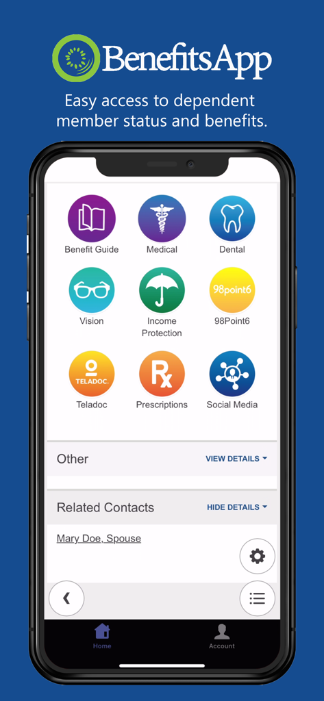 Smartphone screen showing the BenefitsApp home interface with colorful icons for medical dental vision and prescription benefits