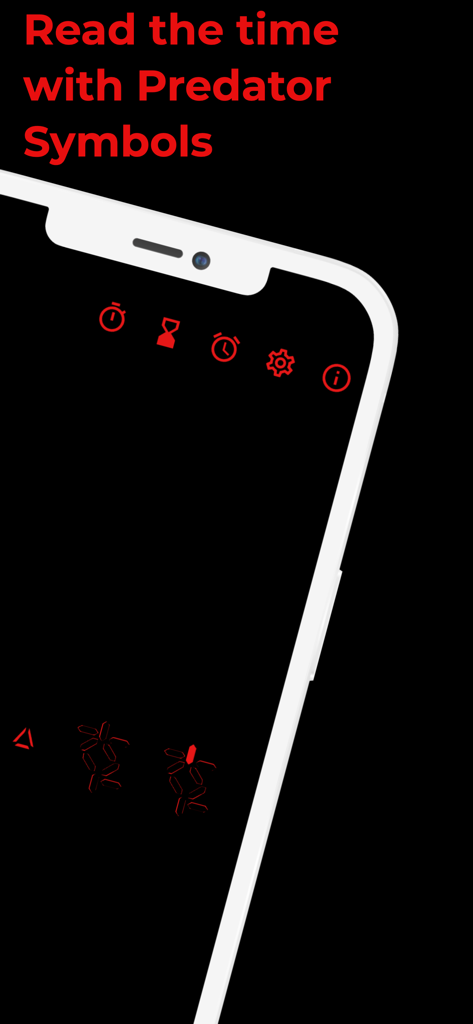 Predator Clock - Alien time - Predator Clock app showing red alien symbols and utility icons on a black interface