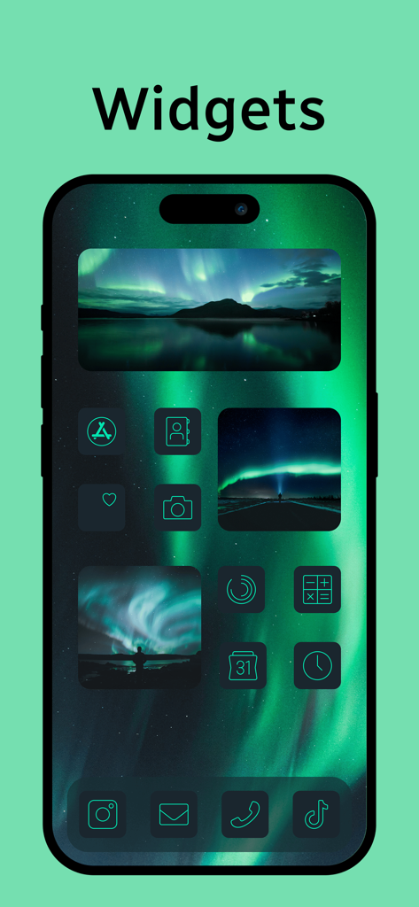 Tema personalizado de iPhone de auroras boreales con widgets de fotos e iconos a juego
