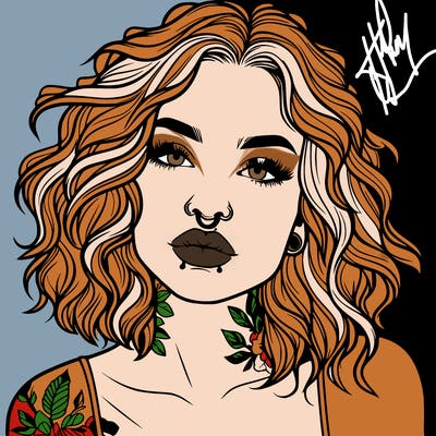 realistic woman with septum piercing and wavy hair and tattoos