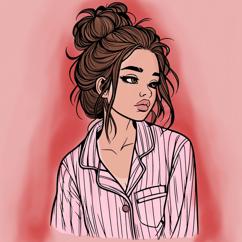 realistic woman with pajamas on and a messy bun