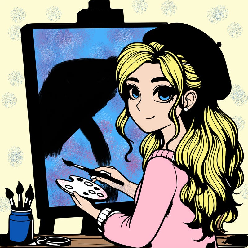 realistic girl artist painting a blank canvas