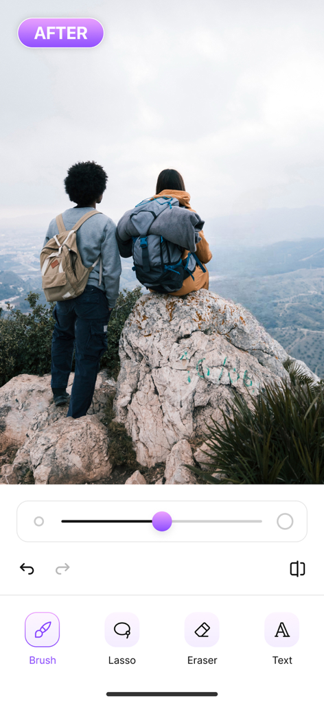 Magic Eraser app interface showing a photo of two hikers after editing with tools like brush lasso and eraser