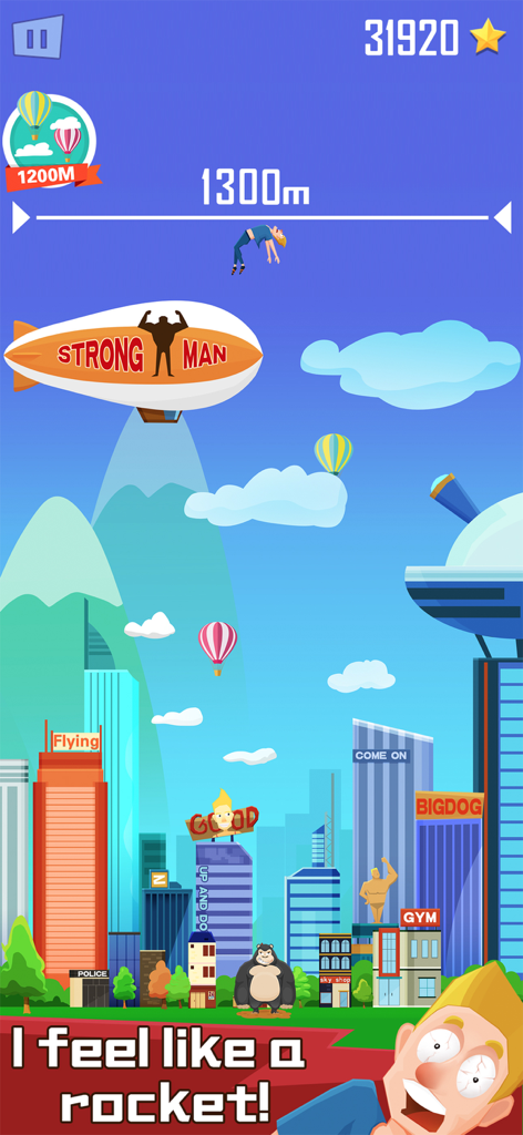 Buddy Toss - A man being tossed 1300 meters high above a cartoon city in the Buddy Toss mobile game