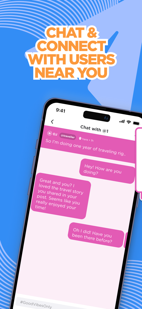 A smartphone screen showing the Jodel app anonymous chat interface with messages between local users about travel