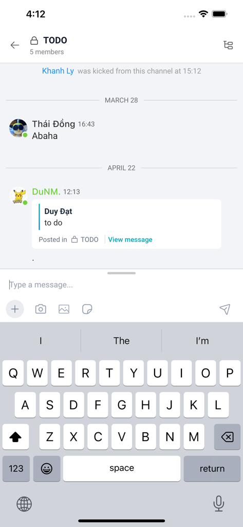 Pancake Work - Interface of the Pancake Work app showing a team chat message thread and mobile keyboard