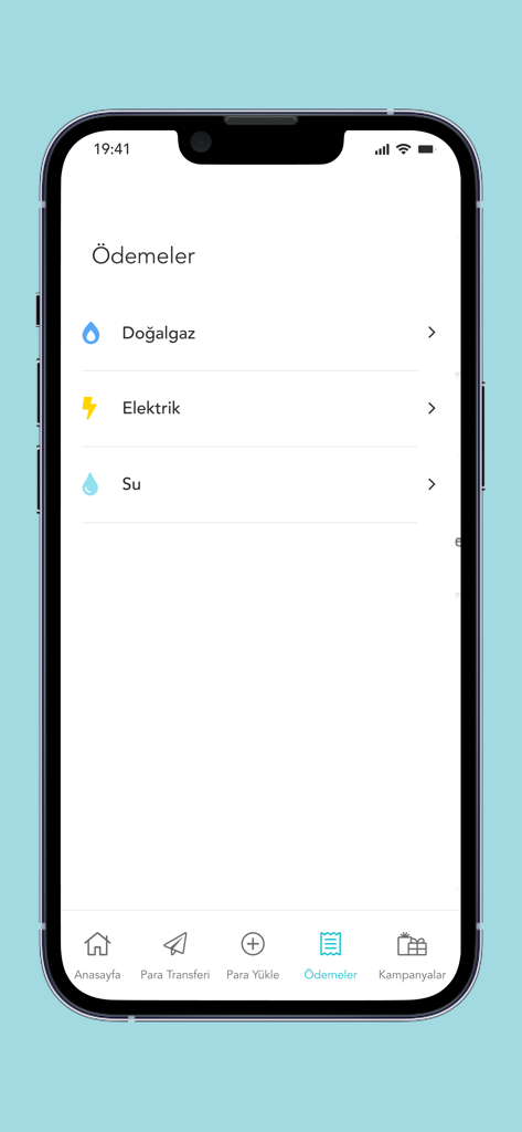Interface de l'application Başkent Kart montrant les options de paiement pour le gaz naturel, l'électricité et les factures d'eau.
