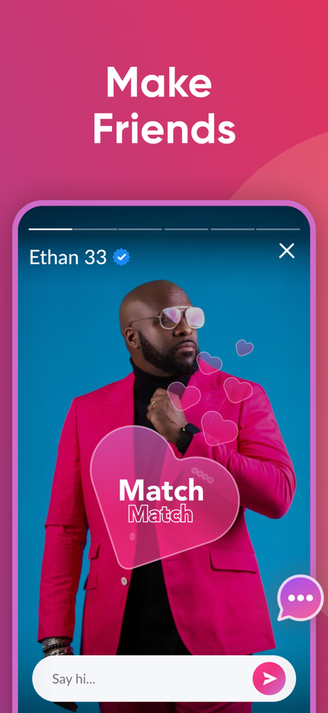 Relike: Dating, Chat & Meet up - A screenshot of the Relike dating app displaying a user profile with a large heart-shaped match button and the headline Make Friends.