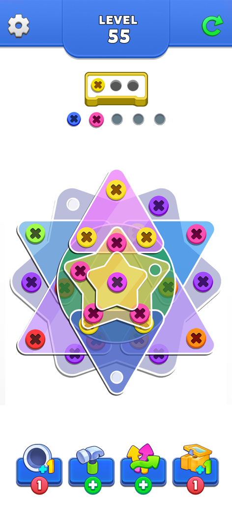A strategic mobile puzzle game level showing translucent geometric shapes held by colored screws with sorting toolboxes and waiting holes