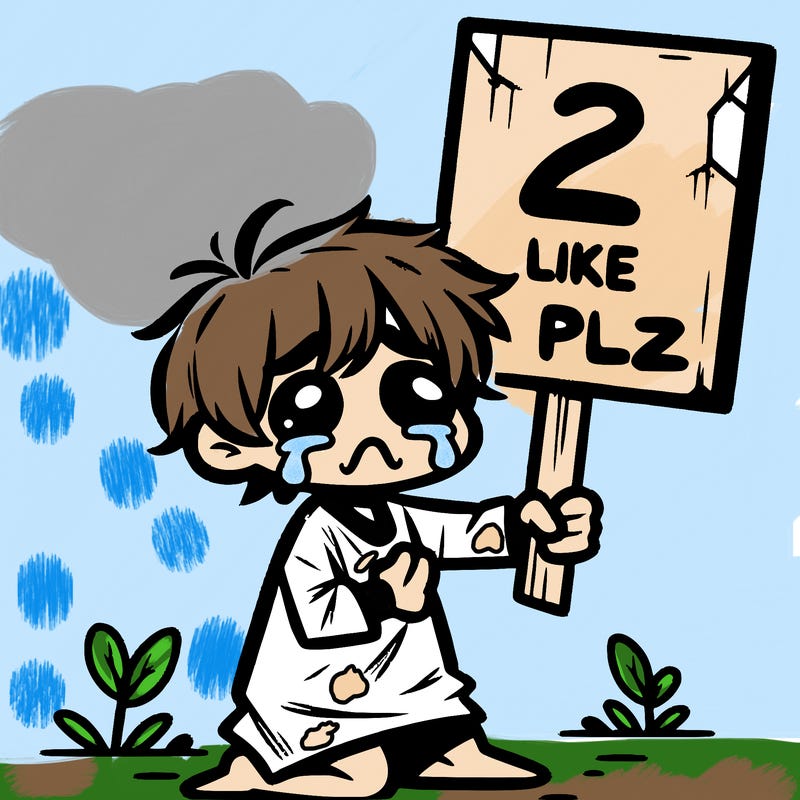 small poor toddler crying with sign that says 2 like plz