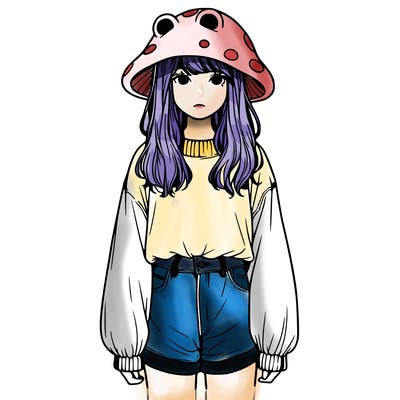 a realistic girl with a frog hat and baggy mushroom shirt