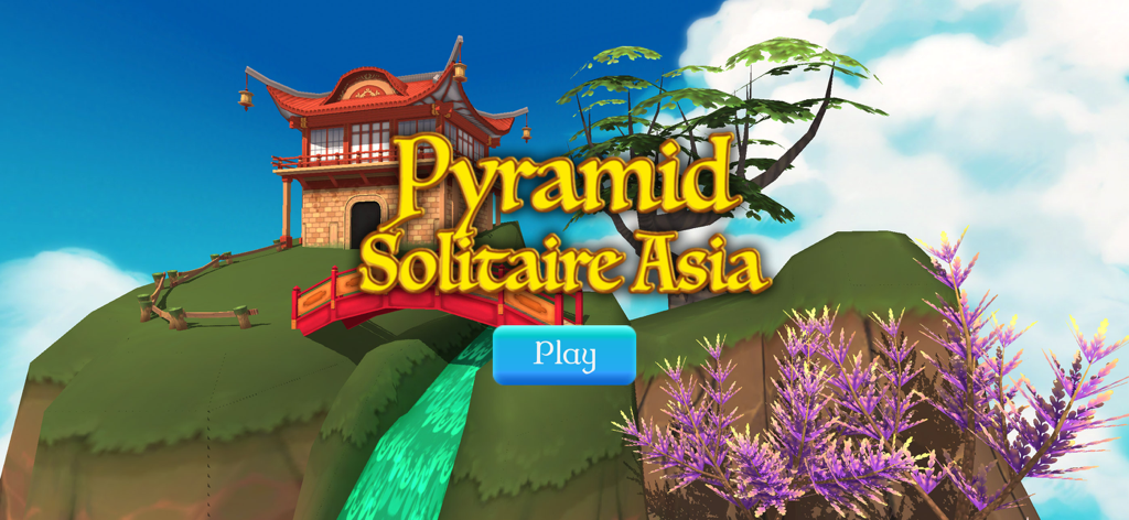 Pyramid Solitaire Asia - Menú principal de Pyramid Solitaire Asia con una pagoda tradicional y un botón de jugar