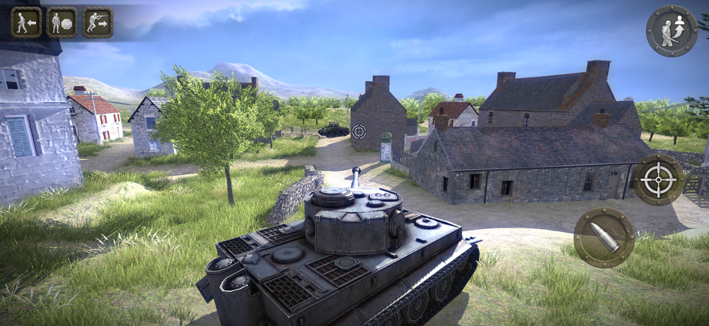 Battlefront Europe: WW2 Heroes - Jugabilidad de combate de un tanque Tiger en un escenario de pueblo europeo