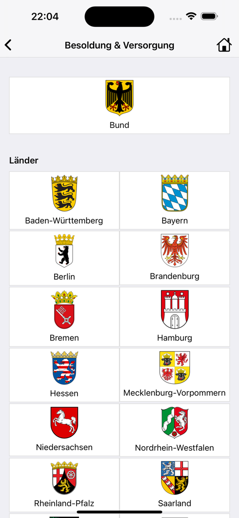PWiki – Polizei-Lexikon - PWiki app screenshot showing a menu to select German police salary information by federal state