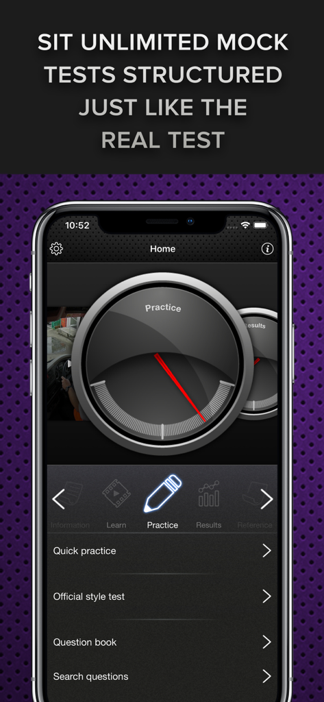 Driver CPC Case Studies Test - Smartphone interface of the Driver CPC Case Studies Test app displaying practice and mock test options