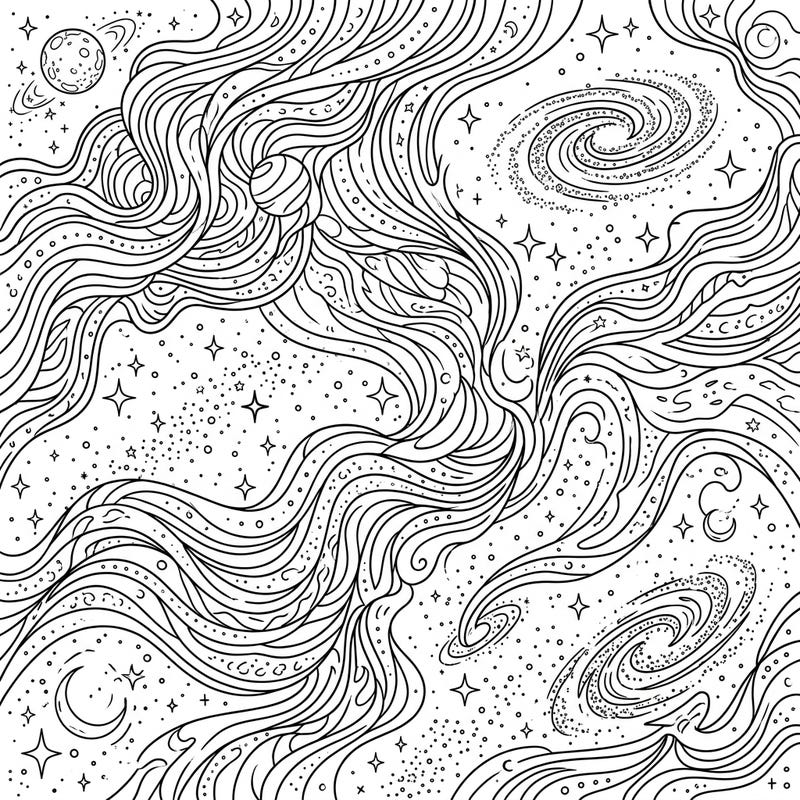 Embark on a breathtaking artistic journey with this intricate Abstract Cosmic Scenes coloring page. Discover swirling galaxies, distant planets, and countless stars, ready to be brought to life with your imagination.
