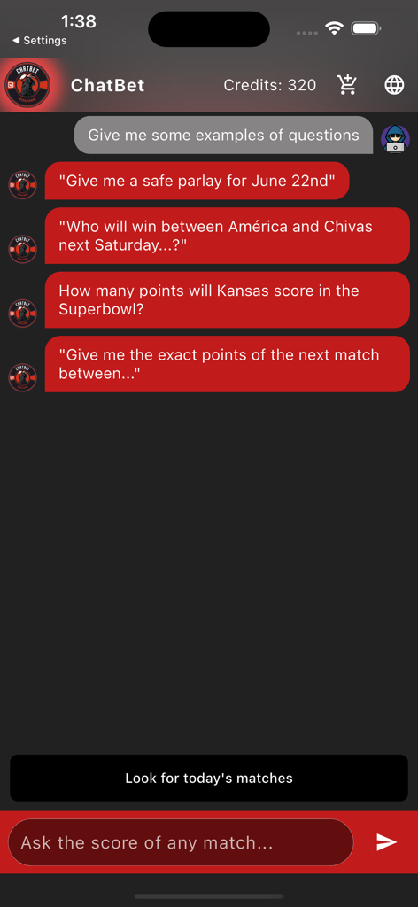 ChatBet app chat interface with examples of sports betting questions.