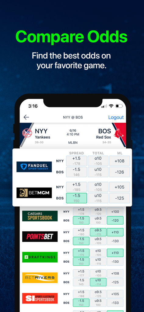 Scores and Odds Sports Betting - Mobile app screen showing a comparison of betting odds from multiple sportsbooks for an MLB game between the Yankees and Red Sox