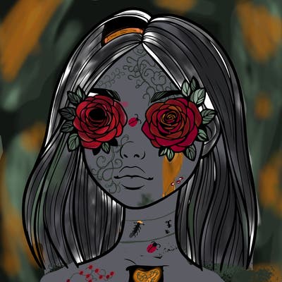 a realistic girl with roses for eyes