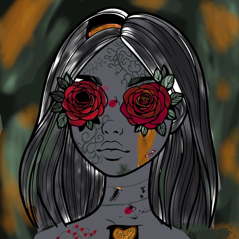 a realistic girl with roses for eyes