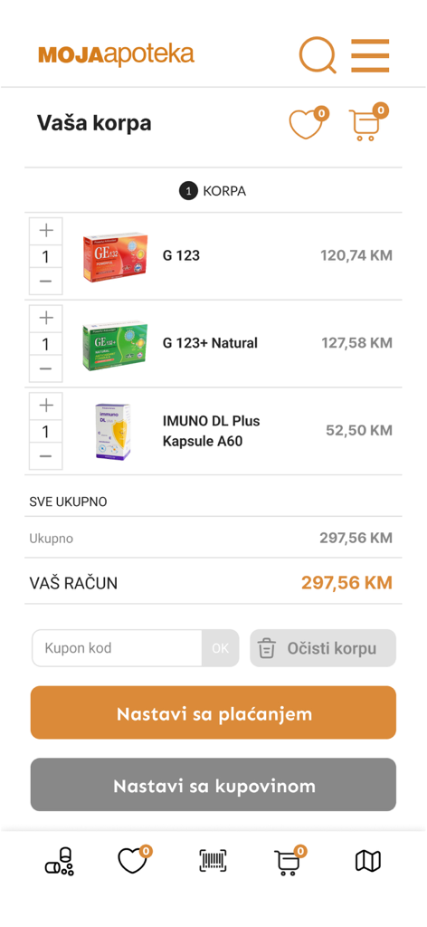 MojaApoteka mobile app shopping cart with health supplements and checkout buttons