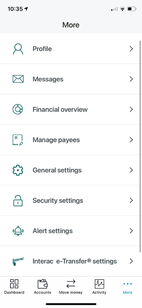 Connect First mobile banking app More menu screen showing options for Profile, Financial overview, Security settings, and Alert settings.