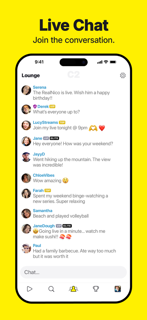 C2 Live app screen showing a live community chat with user messages and status icons