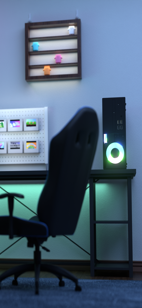 脱出ゲーム  ゲーム配信者の家から出たい - Vista interior de una moderna sala de juegos con una configuración profesional e iluminación RGB